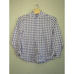 Bugatchi Uomo Dress Shirt Purple White Plaid Long‎ Sleeve Mens Size 16.5 34/35